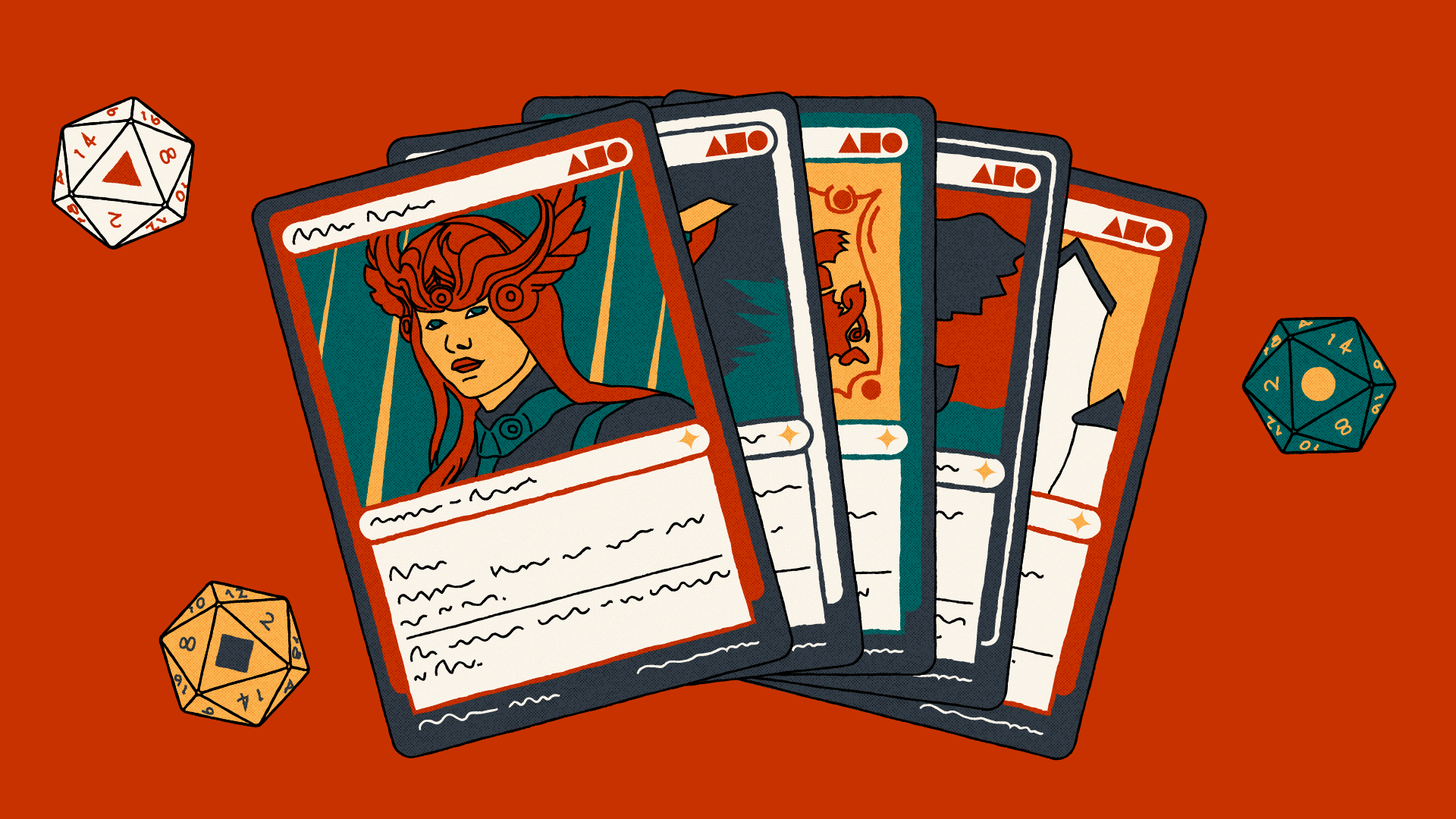 An illustration of five cards with various characters on them, in the style of fantasy-based card games, fanned out on a surface. There are also three polyhedral dice, commonly used in such games, on the surface around the outside of the cards.